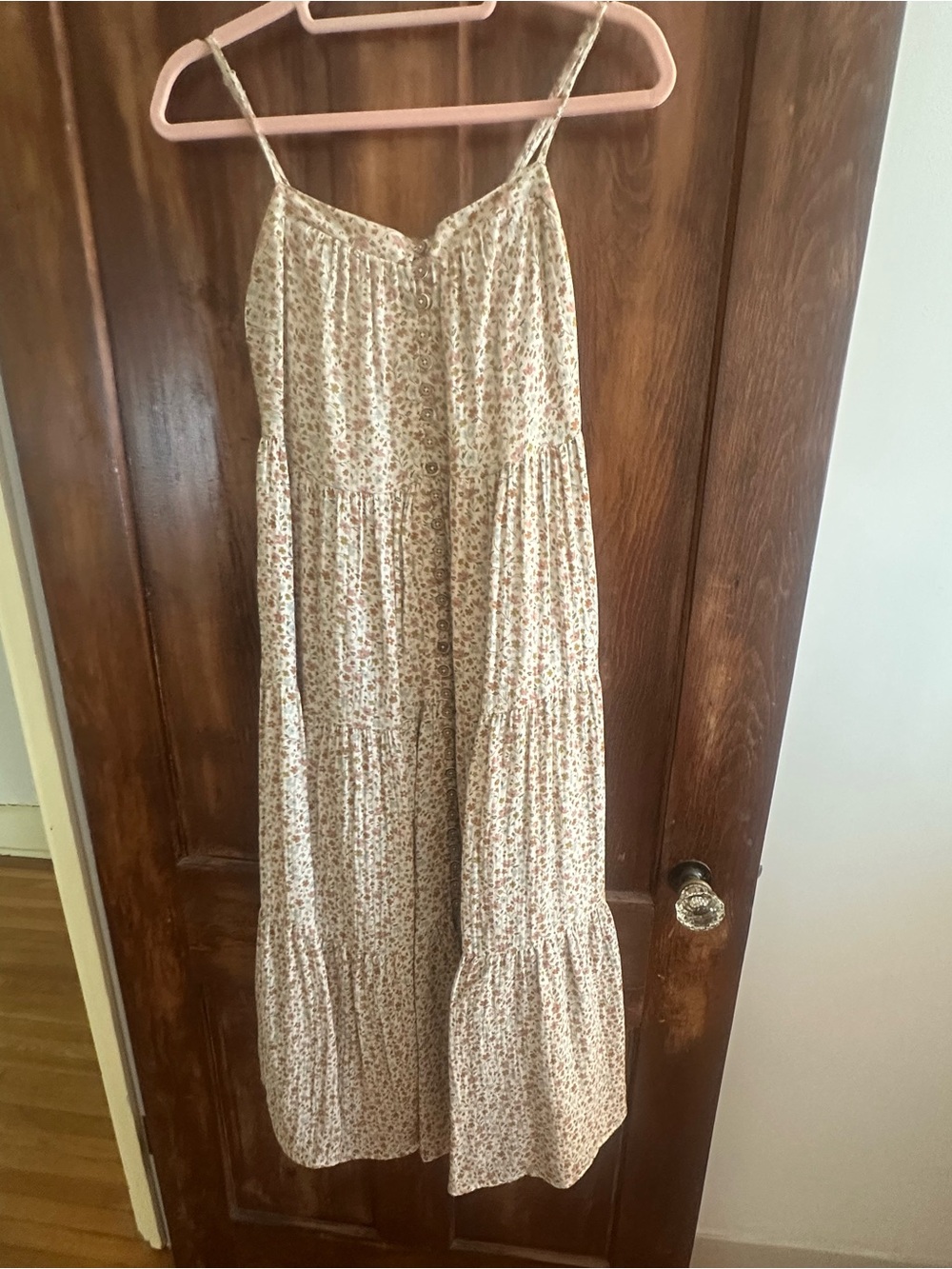 Cream Floral Tiered Maxi Dress with Pink Accents